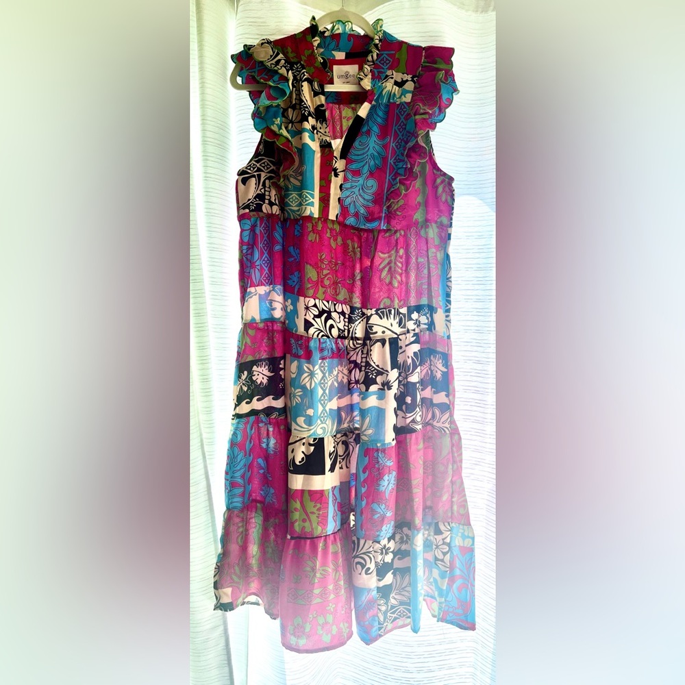 Umgee Pink Blue Multi Floral Print Ruffled Dress